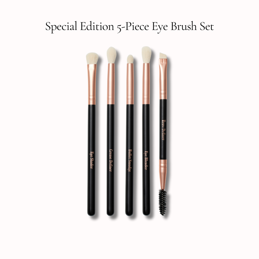 Special Edition 5-Piece Eye Brush Set with black and rose gold handles on a white background